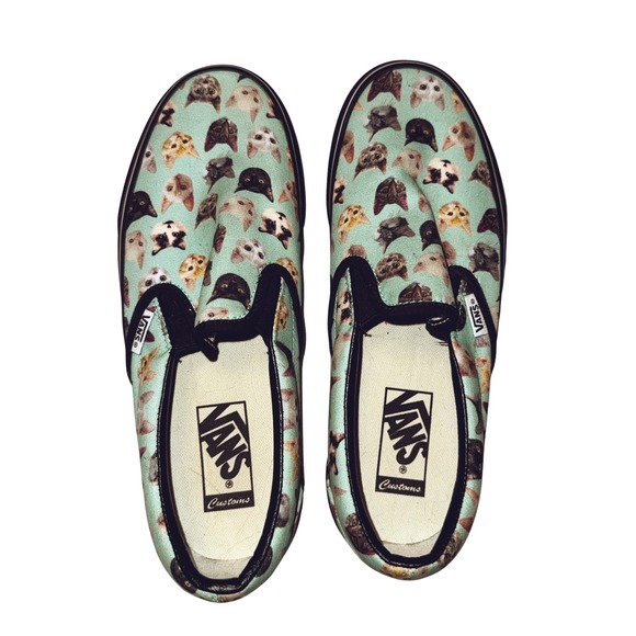 Vans Other - Vans Customs M7.5 W9 Slip On Shoes Cat Face Print Black Canvas Low Top Sneakers